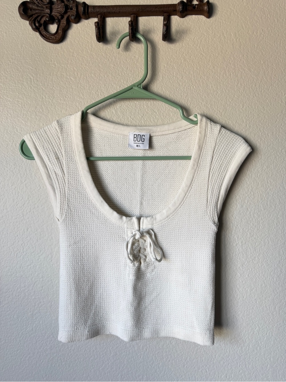 BDG White Knit Scoop Neck Tie-Front Tank